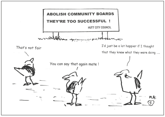 Seagulls looking a billboard which says "Abolish Community Boards, they are too successful" , Bird1: That's not fair. Bird2: You can say that again mate! Bird3: I's just be a lot happier if I thought they knew what they were doing.